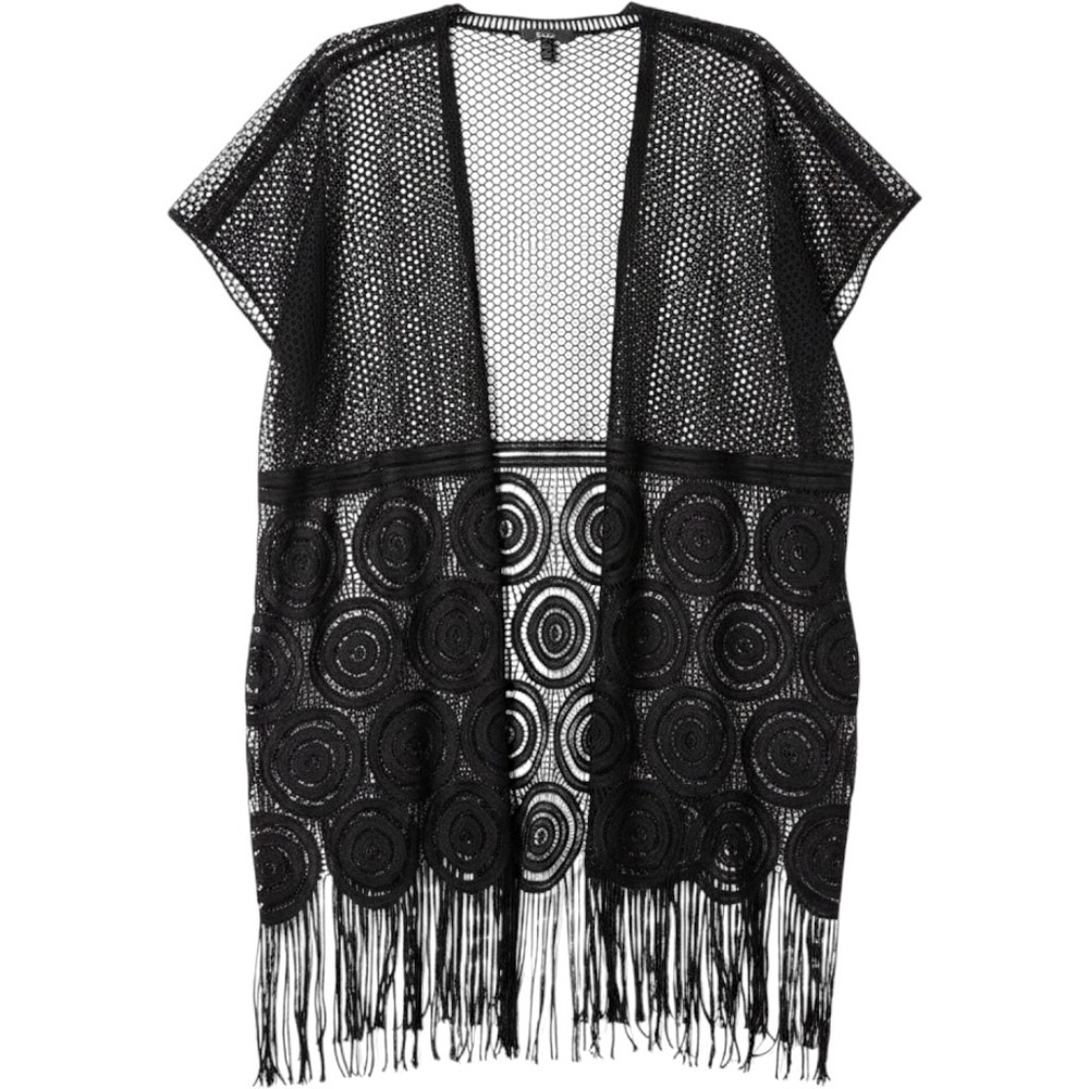 Unbranded Kimono Wrap Women OS Black Sheer Crochet Fringe Boho Festival Cardigan